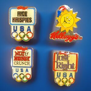 4 Kellogg's Cereal Sponsor Pins 1992 U.S. Olympics Team Rice Krispies, Mr Sun +